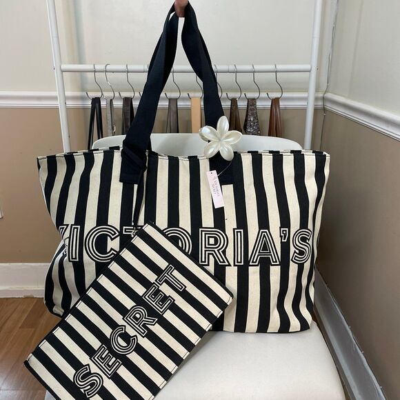 Victoria’s Secret Graphic Stripe Tote Bag & Wristlet Pouch Set - Picture 10 of 10